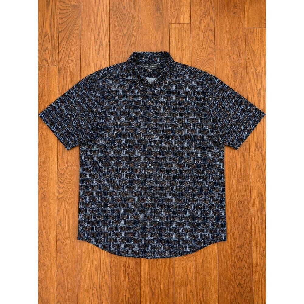 David Taylor Large Button Front Shirt Mens Blue Geometric Pattern Short Sleeve